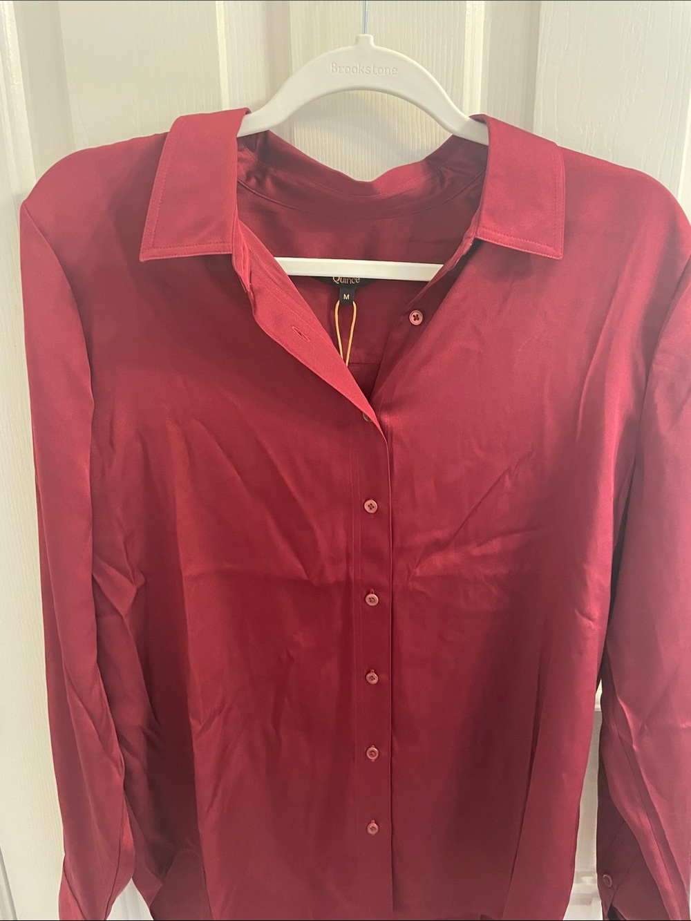 NWT Quince Stretch Silk Button-Down Blouse in Burgundy - Picture 9 of 13